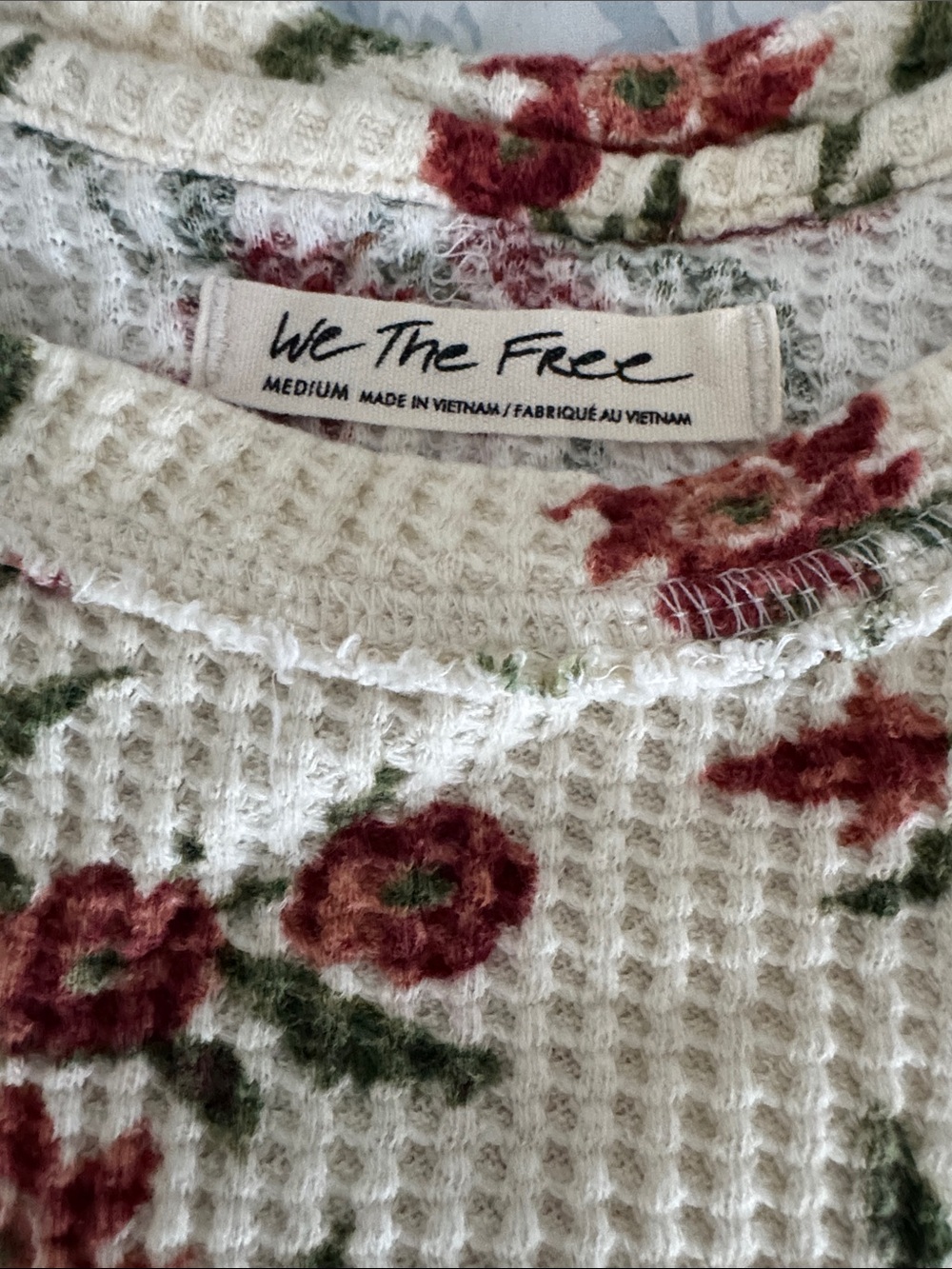 Free People Cream Waffle Knit Sweater with Red Floral Print - Picture 2 of 2
